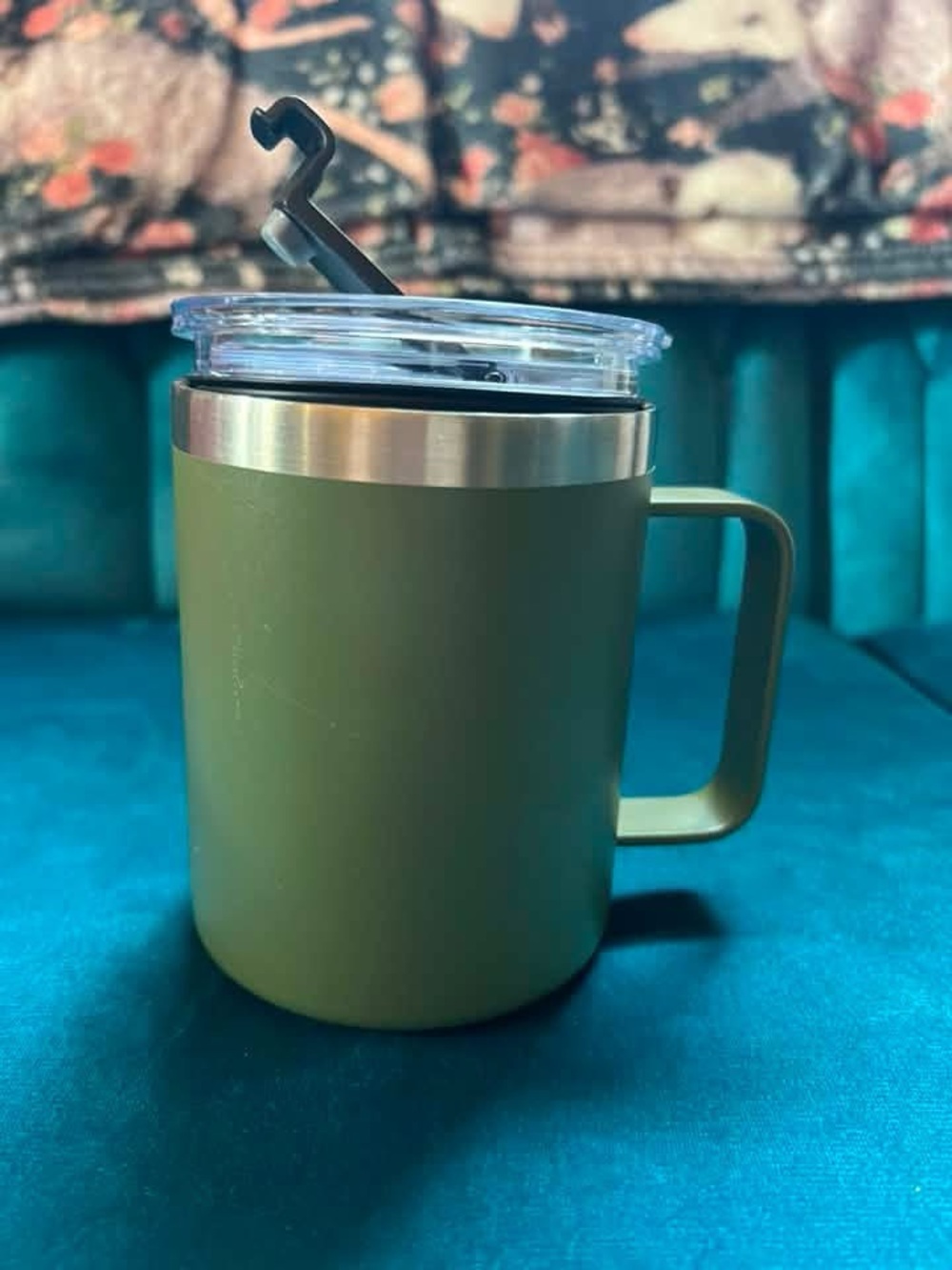 Insulated Olive Green Travel Mug with Handle and Clear Lid